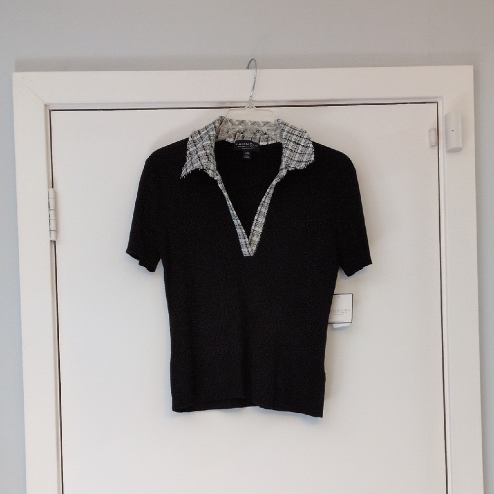 Laundry By Shelli Segal Black Ribbed Short Sleeve V-Neck Trim Large New w Tags